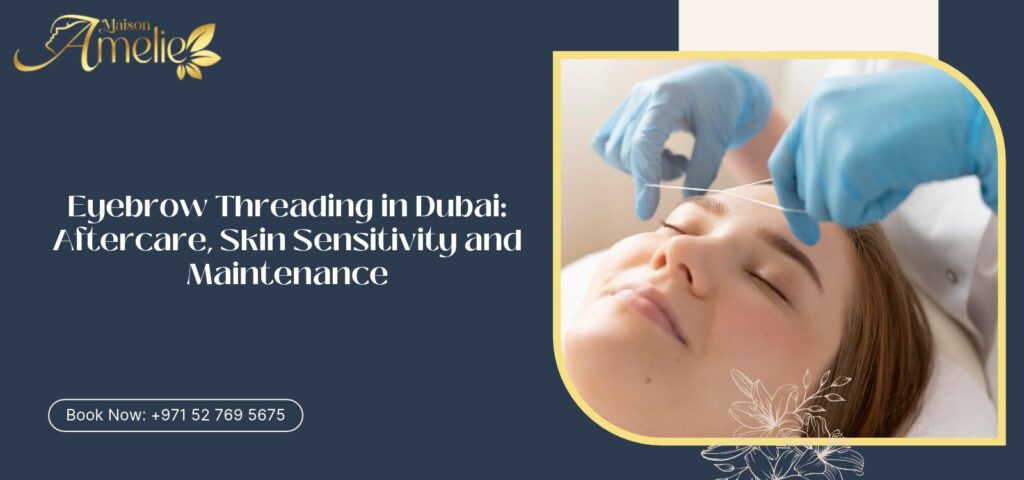 Professional eyebrow threading and brow shaping at a ladies' beauty salon in Dubai