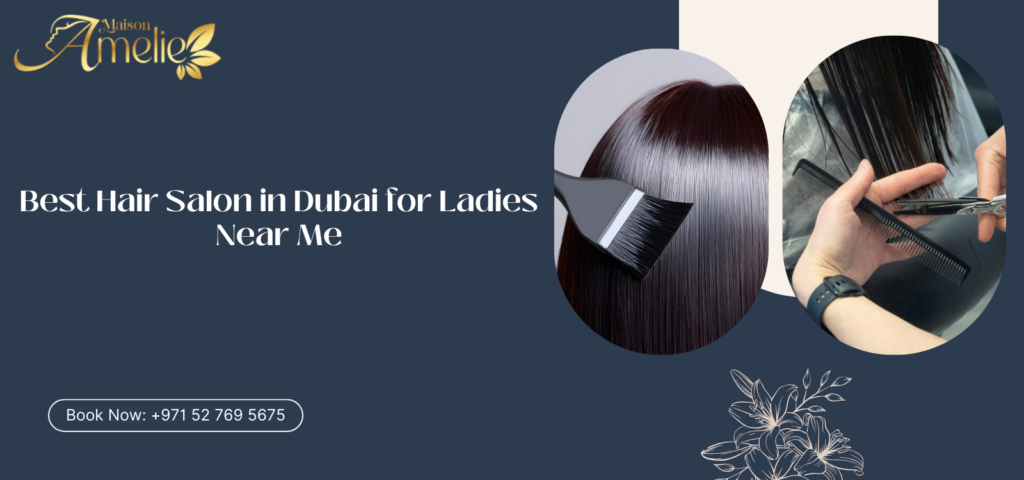 Luxury ladies hair salon in Motor City Dubai with professional hairstylist styling a client’s hair
