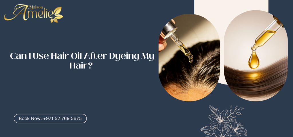 Professional hairstylist applying nourishing hair oil to freshly dyed hair at a hair colour salon in Motor City Dubai