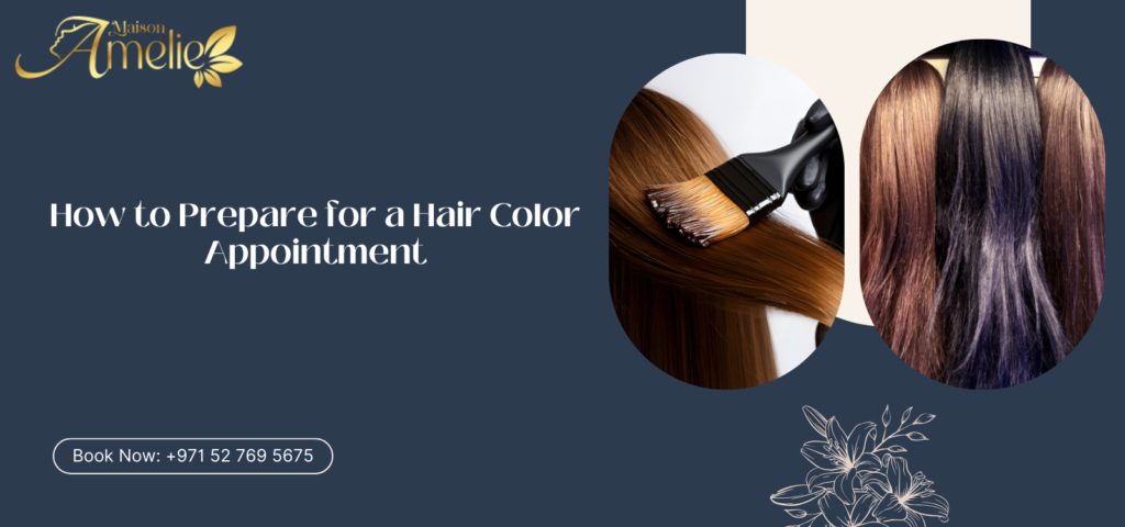 Hairstylist consulting a client before a hair color appointment at a hair colour salon in Motor City Dubai