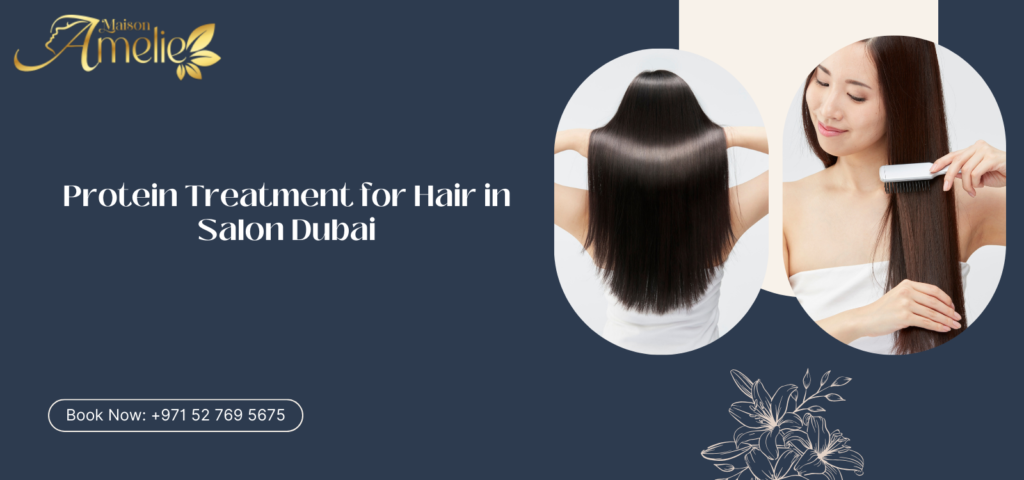 Woman receiving a professional protein hair treatment at a beauty salon in Motor City, Dubai
