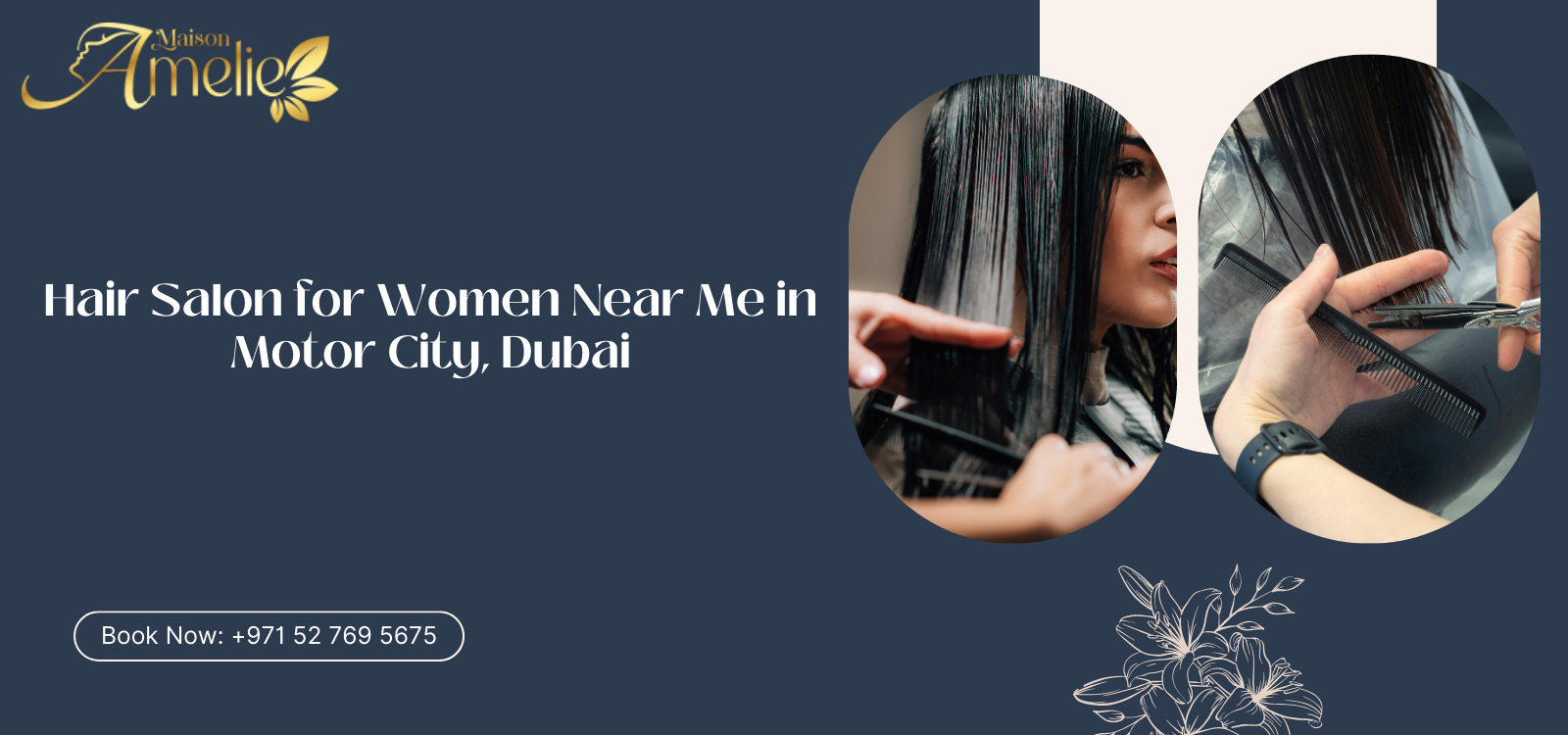 Professional hairstylist styling a woman’s hair at Maison Amelie salon in Motor City