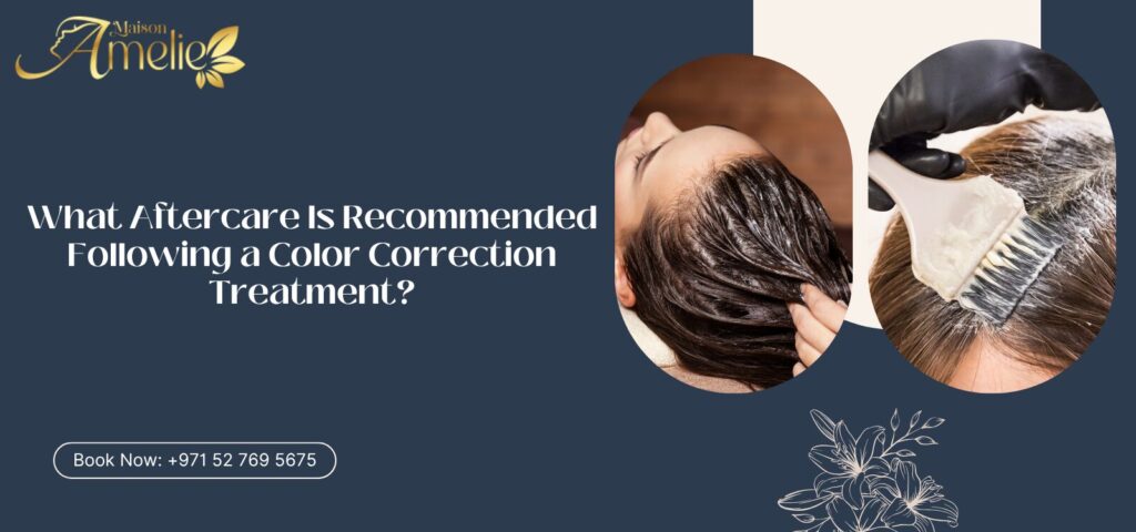 Color correction hair treatment and aftercare at a salon in Motor City Dubai
