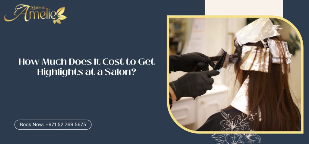 Professional hair highlights at Maison Amelie in Motor City Dubai with glossy blonde hair.