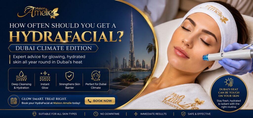 A skincare specialist performing a HydraFacial treatment on a client at Maison Amelie in Motor City, Dubai, to deeply cleanse, hydrate, and rejuvenate the skin.