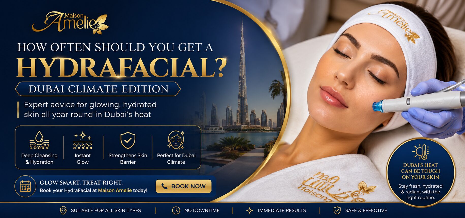 A skincare specialist performing a HydraFacial treatment on a client at Maison Amelie in Motor City, Dubai, to deeply cleanse, hydrate, and rejuvenate the skin.