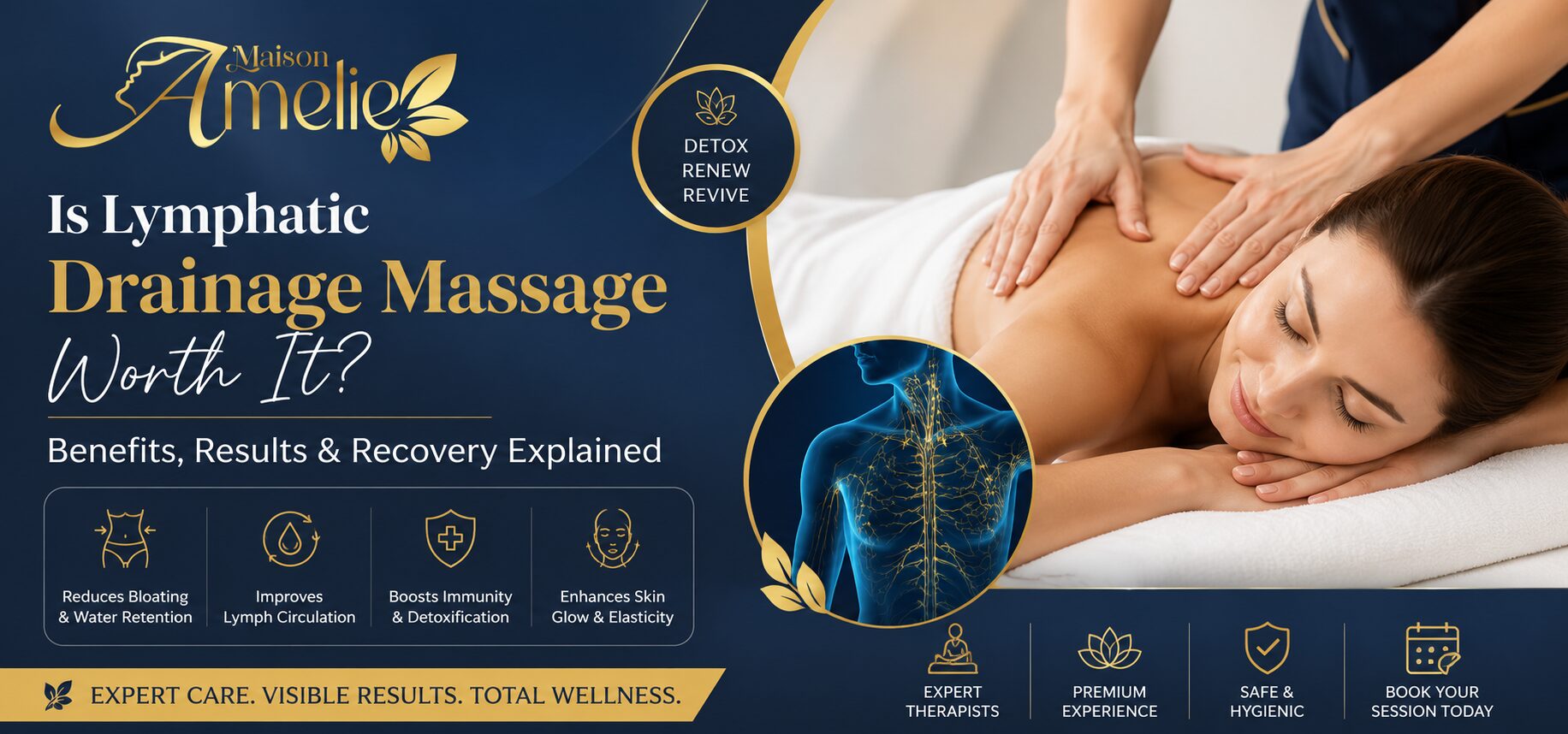 Therapist performing a lymphatic massage in Motor City Dubai at Maison Amelie Ladies Beauty Salon to support circulation, relaxation, and recovery.