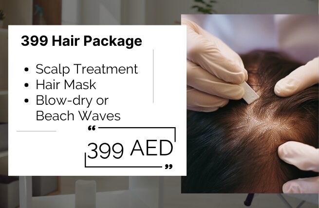AED 399 hair package at Maison Amelie featuring scalp treatment, hair mask, and a choice of blow-dry or beach waves.