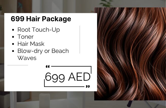 AED 699 hair package at Maison Amelie featuring root touch-up, toner, hair mask, and a choice of blow-dry or beach waves.