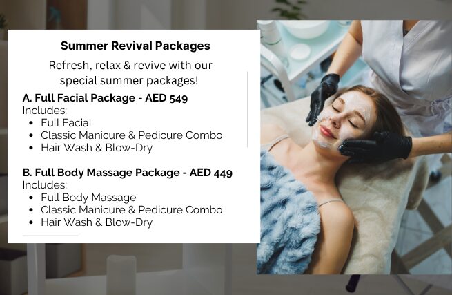 Maison Amelie Summer Revival Packages featuring a full facial package for AED 549 and full body massage package for AED 449 with salon and beauty services.