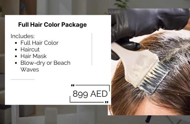 AED 899 full hair color package at Maison Amelie including full hair color, haircut, hair mask, and a choice of blow-dry or beach waves.