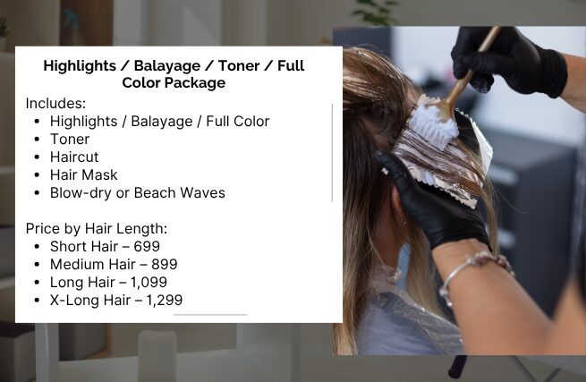 Maison Amelie hair color package featuring highlights, balayage, toner, haircut, hair mask, and blow-dry or beach waves, with prices based on hair length.